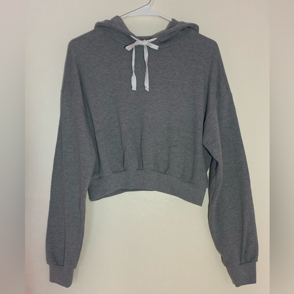 Cropped Gray Hoodie with White Strings